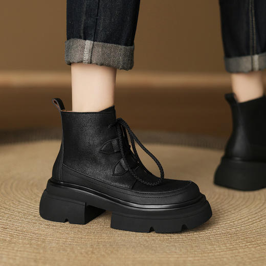 【预售5天】松糕厚底马丁靴女秋冬新款小个子增高短靴真皮系带靴子KYD&9814 商品图1