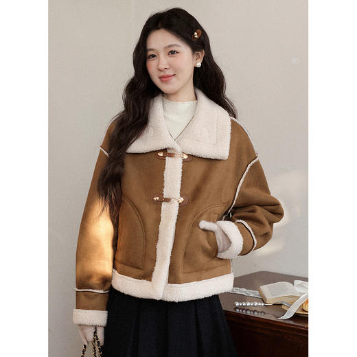 鹿向南「枫糖拿铁」棕色麂皮绒翻领短外套冬季新款复古百搭上衣女 商品图0