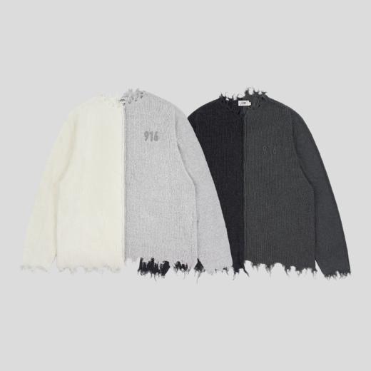 GOODBAI 916 logo贴布圆领撞色拼接破坏长袖针织衫 商品图1