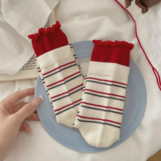 双罗口卷边拼接中筒条纹百搭堆堆袜-纪念日百货门店同款167596459 商品图2