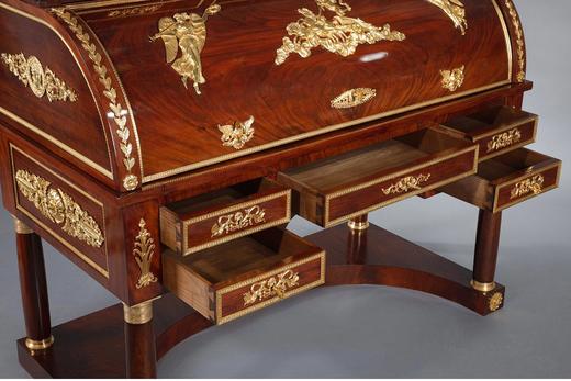 独角鹿西洋古董 1855年代法国出品帝政风格胜利女神主题铜鎏金雕饰桃花心木嵌皮革台面翻盖式写字桌 商品图7