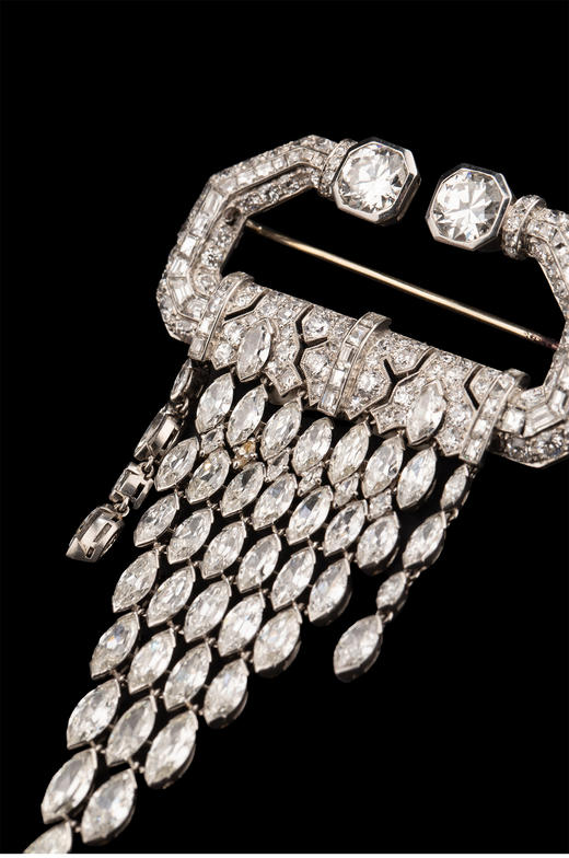 独角鹿西洋古董 1930年代法国出品装饰艺术风格铂金镶嵌钻石流苏珠帘造型胸针 商品图4