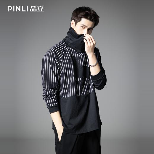 PINLI品立2025秋季新款拼料插肩袖堆堆领T恤潮牌休闲宽松男士上衣B253111105 商品图2