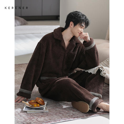 可人儿冬季男士保暖舒棉绒睡衣秋冬休闲翻领男款加厚珊瑚绒家居服 商品图3