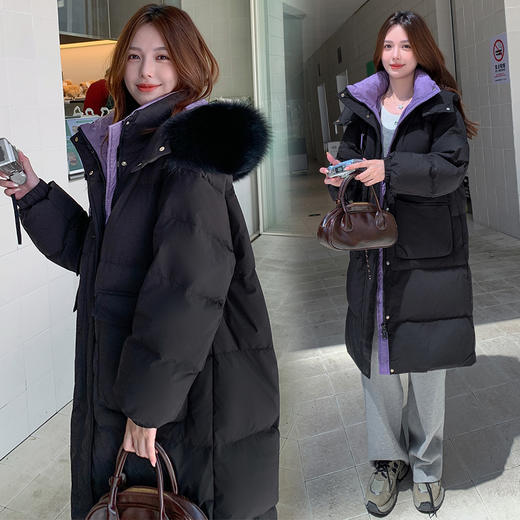 奢姿大码女装2025冬季胖妹妹可脱卸蓬松大毛领连帽长款羽绒服外套7354300238 商品图2