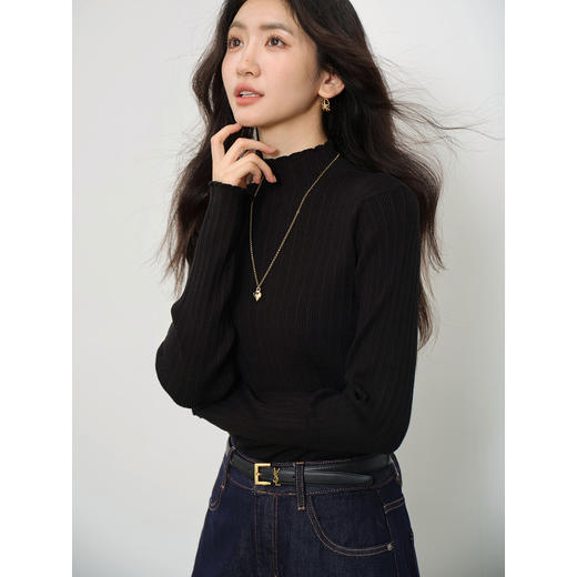 鹿向南「糯香绵云」半高领打底衫女早秋修身米白色针织衫长袖上衣 商品图1