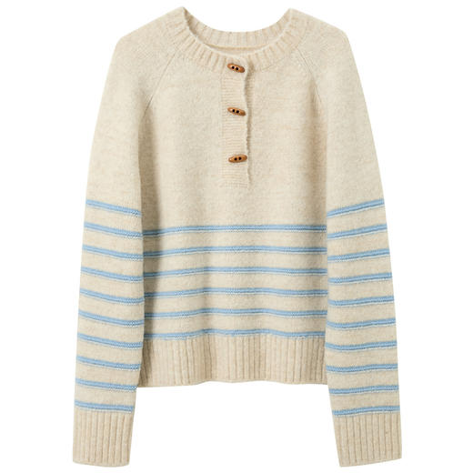 三彩2025冬季新款圆领条纹针织衫宽松长袖简约套头衫上衣M 商品图4