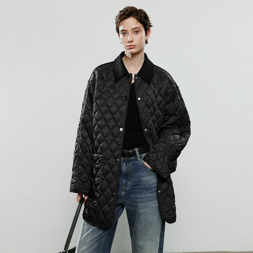 初语棉衣女新款宽松复古菱格工装大口袋丝光棕轻奢外套 商品图1