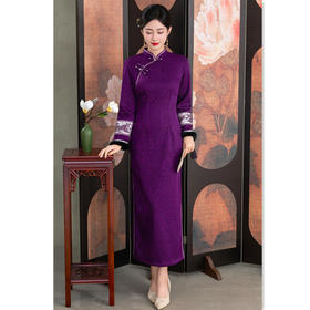 针织提花加绒长款时尚拼接旗袍，复古国风中老年长袖旗袍SYK209671