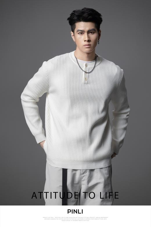 PINLI品立2025秋季新款男条纹提花毛衣打底圆领扣子门襟针织衫潮GD253110079 商品图8
