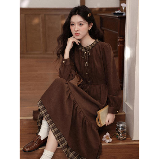 鹿向南「静匿港湾」棕色复古拼接连衣裙女秋冬收腰显瘦长袖裙子女 商品图4
