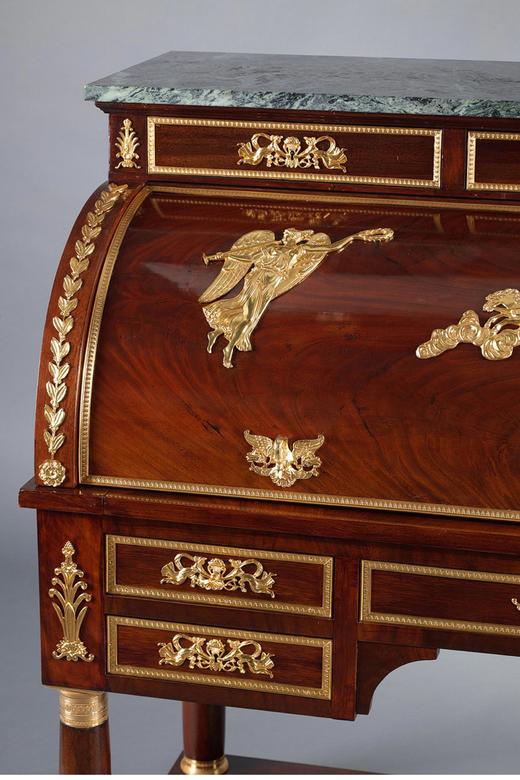 独角鹿西洋古董 1855年代法国出品帝政风格胜利女神主题铜鎏金雕饰桃花心木嵌皮革台面翻盖式写字桌 商品图4
