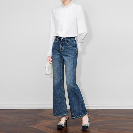 「高货wl」全新升级【铂金会员257/天猫349/差价92】(04109)洛诗琳重工烫钻亮片加绒牛仔裤2025秋冬高腰显瘦微喇裤 商品图0