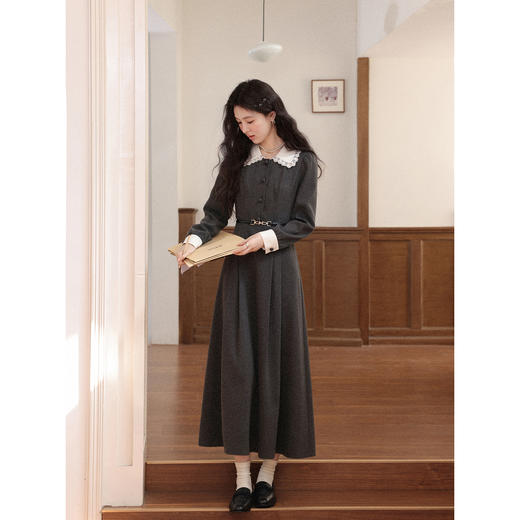 鹿向南「馥郁晚香」灰色假两件翻领连衣裙秋冬季新款中长款裙子女 商品图1