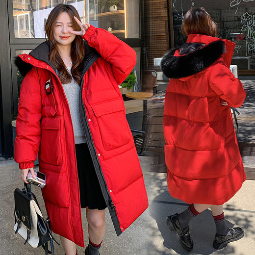 奢姿大码女装2025冬季胖妹妹可脱卸蓬松大毛领连帽长款羽绒服外套7354300238 商品图3