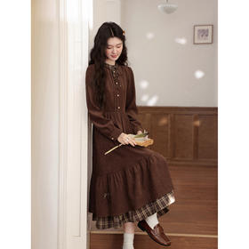 鹿向南「静匿港湾」棕色复古拼接连衣裙女秋冬收腰显瘦长袖裙子女