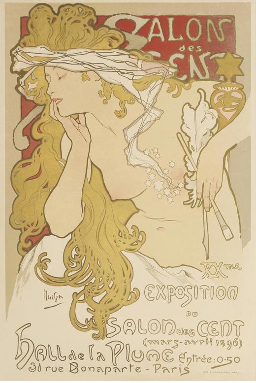 独角鹿西洋古董 1896年法国出品捷克国宝级画家穆夏签名创作海报作品《百人沙龙 Salon des Cent》 商品图2