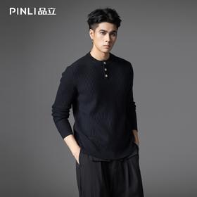 PINLI品立2025秋季新款男条纹提花毛衣打底圆领扣子门襟针织衫潮GD253110079