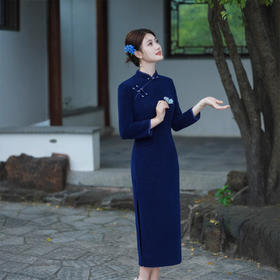 纯色水貂绒长款大码旗袍，复古国风中老年女士长袖旗袍GX-801322