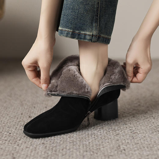 【预售5天】翻毛皮短靴女冬季加绒加厚方头中跟粗跟真皮高跟靴羊毛保暖雪地靴ASZ&KL797M 商品图2