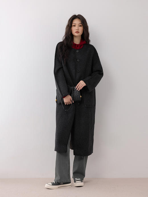 COCO ZONE 秋冬设计感圆领单排扣长款毛呢外套CC2D2522 商品图6