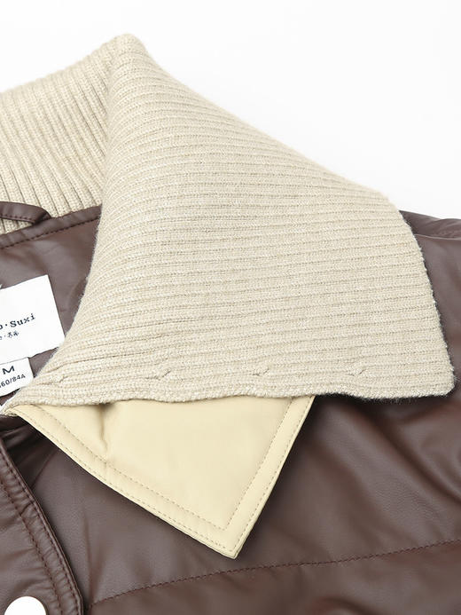 深棕色撞色针织领短款羽绒服 复古风拉链口袋皮感外套 冬季保暖显瘦个性女式上衣 商品图2