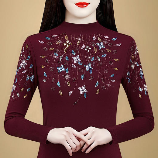 KQL 356H6800网纱彩色大码花钻遮肉显瘦气质时尚T恤妈妈衫 商品图1