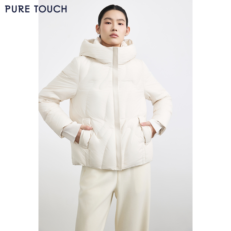 商场同款PURE TOUCH女装25秋冬连帽鹅绒服短款宽松白鹅绒羽绒服