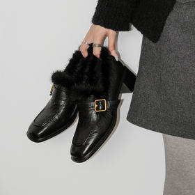 【预售5天】貂毛粗跟加绒小皮鞋，英伦风保暖单鞋深口毛毛鞋高跟鞋QQJ&JZ-2170