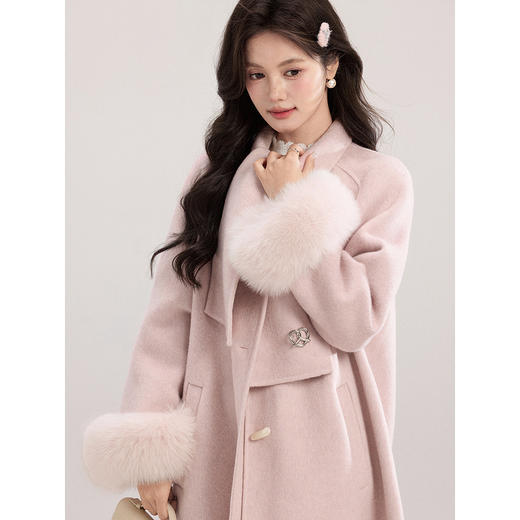 鹿向南「香浮花月」高级感双面加厚毛呢外套冬季淡粉色中长款大衣 商品图2