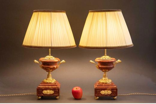 独角鹿西洋古董 19世纪末法国出品铜鎏金精雕装饰大理石古典双耳瓶造型台灯一对 商品图2