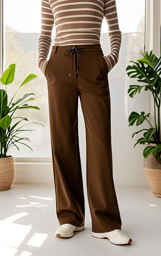 羊毛混纺罗马布抽绳裤直筒裤 简洁修身裤型 罗马布结构稳定 穿着舒适 松紧抽绳腰带设计 自由调节松紧度 简约大气 高腰宽松版型 商品图5