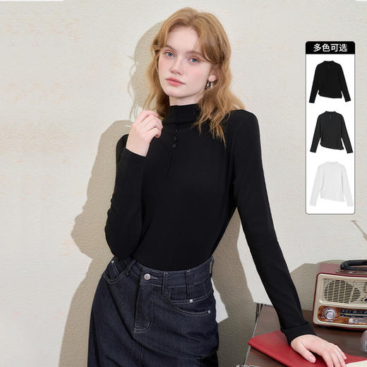 西遇半高领纽扣针织打底衫女冬季新款抽绳收腰显瘦长袖T恤H0055299 商品图0