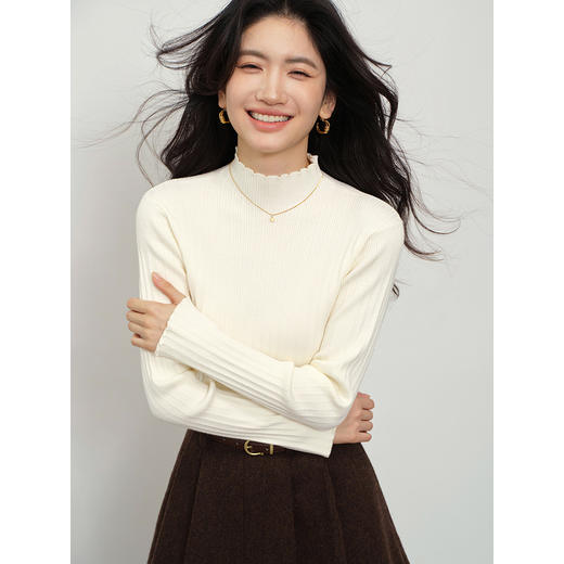 鹿向南「糯香绵云」半高领打底衫女早秋修身米白色针织衫长袖上衣 商品图0