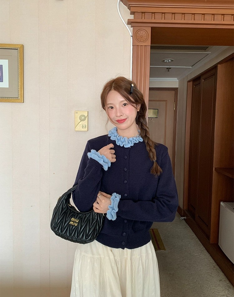 法式撞色木耳花边小立领针织开衫