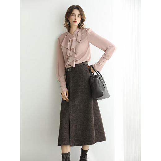 COCOBELLA设计感咖色羊毛通勤半身裙秋冬呢子高腰A字裙HS3161 商品图1