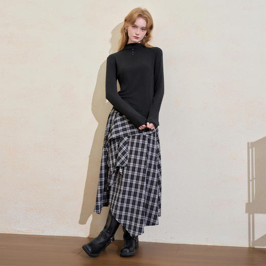 西遇半高领纽扣针织打底衫女冬季新款抽绳收腰显瘦长袖T恤H0055299 商品图1