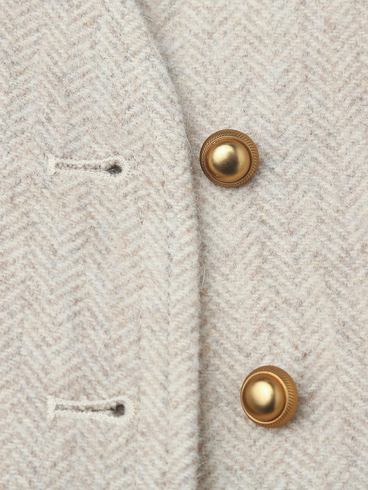 米白色人字纹毛呢西装外套 复古风斜门襟单排扣大口袋上衣 春秋季高级感显瘦百搭女式中长款呢子西服 商品图3