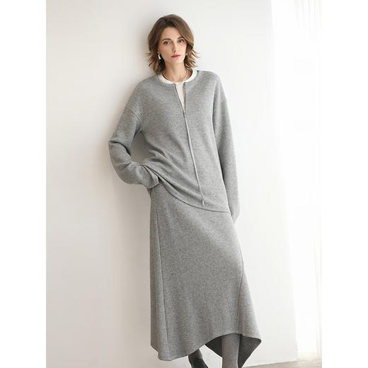 COCOBELLA灰色休闲A字半身裙弧形下摆25秋冬针织长裙HS3163-2 商品图3