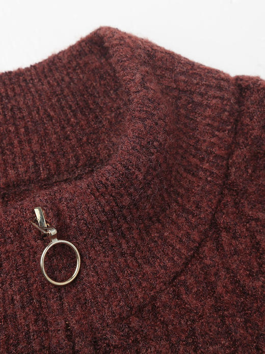 酒红色拉链针织开衫 复古风立领短款毛衣外套 冬季显瘦百搭质感女式上衣 商品图2