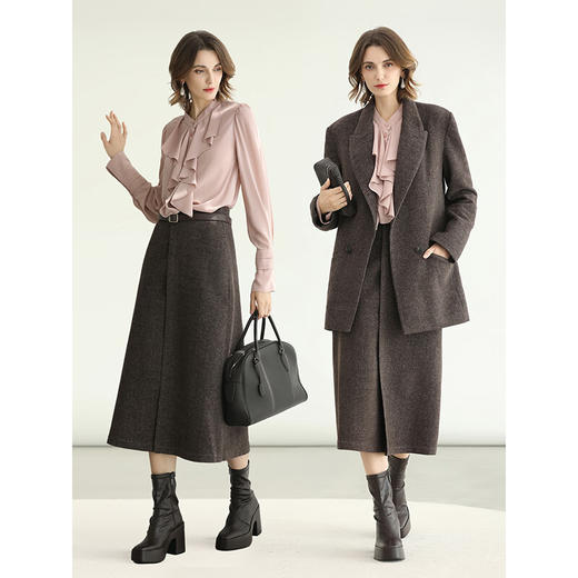 COCOBELLA设计感咖色羊毛通勤半身裙秋冬呢子高腰A字裙HS3161 商品图2