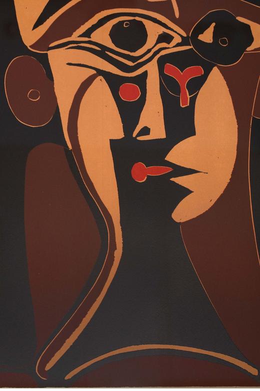 独角鹿西洋古董 1962年西班牙艺术家签名创作出品限量麻胶版画《戴黑帽子的杰奎琳》 商品图3