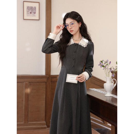 鹿向南「馥郁晚香」灰色假两件翻领连衣裙秋冬季新款中长款裙子女 商品图3