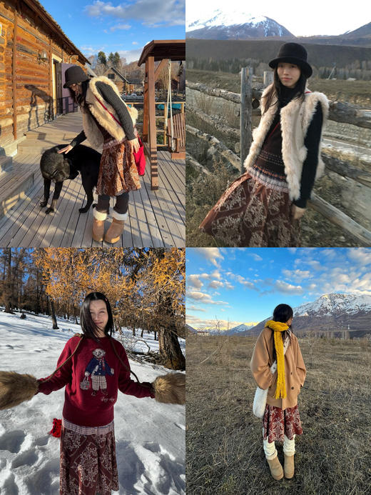 素舶 百搭设计感民族风腰果花印花拼接碎褶A字半裙 商品图4