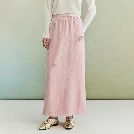 【林栖设计小店】（现货）粉色半身裙新中式丝绒烧花钉珠绣花2026早春新款裙子女1961038 商品图1