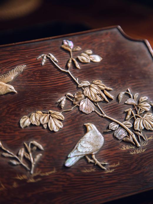 独角鹿西洋古董19世纪日本明治时期出品蝶飞雀舞主题芝山镶嵌木纹漆盒 商品图5