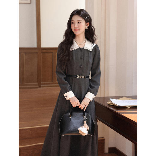 鹿向南「馥郁晚香」灰色假两件翻领连衣裙秋冬季新款中长款裙子女 商品图0