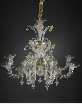 独角鹿西洋古董 1900年代意大利威尼斯穆拉诺水晶工坊出品玻璃点金工艺修饰花叶主题八枝头烛台式枝形吊灯