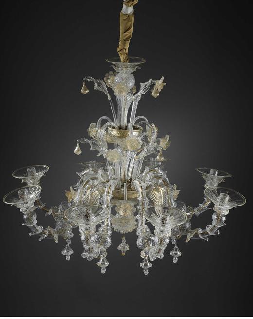 独角鹿西洋古董 1900年代意大利威尼斯穆拉诺水晶工坊出品玻璃点金工艺修饰花叶主题八枝头烛台式枝形吊灯 商品图0