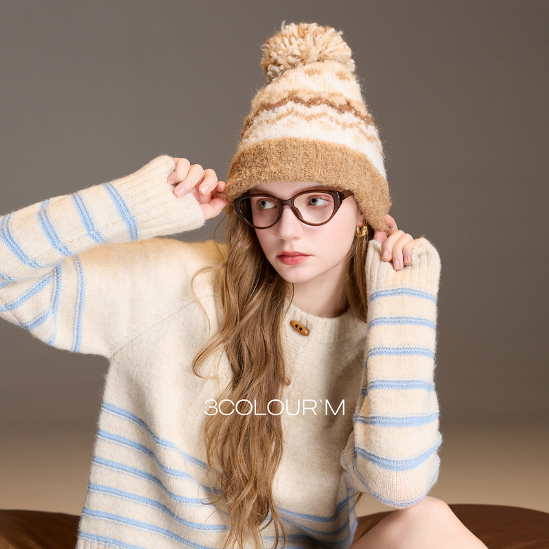 三彩2025冬季新款圆领条纹针织衫宽松长袖简约套头衫上衣M